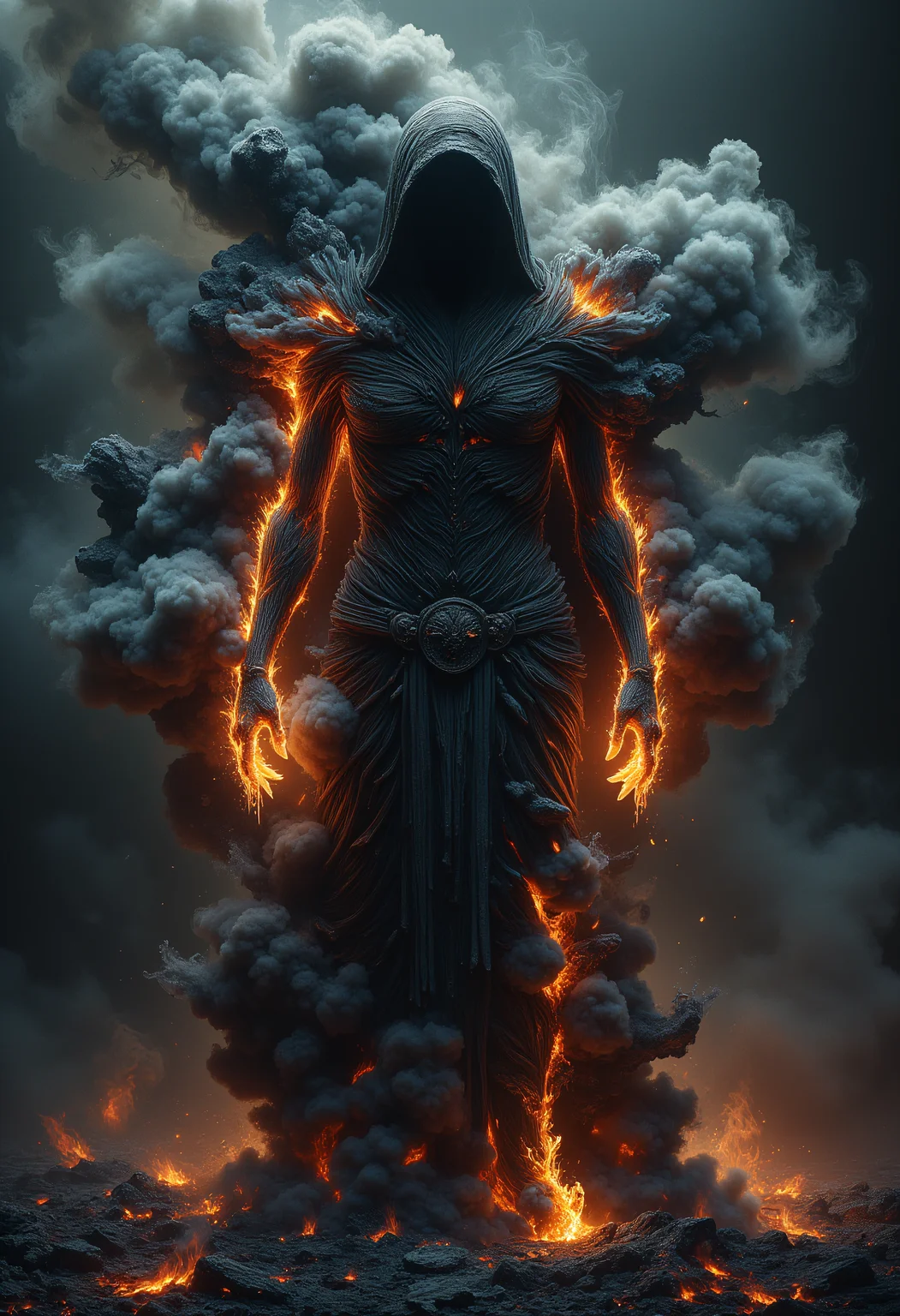 A shadowy figure made of thick, ash-like smoke, glowing embers scattered throughout. aidmaMJ6.1 ral-ertmsphr ral-faize