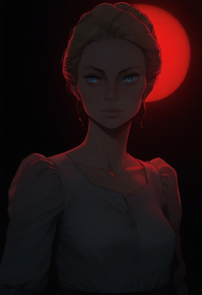 score_9, score_8_up, score_7_up, source_anime, solo, 1girl,
annie_bowyer, light skin, blue eyes, gibson girl updo hairstyle, blonde hair, loose strands, 
(((red light background))), dark room silhouette background, cowboy shot, low angle, laboratory, red light, red background,