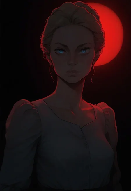 score_9, score_8_up, score_7_up, source_anime, solo, 1girl,
annie_bowyer, light skin, blue eyes, gibson girl updo hairstyle, blonde hair, loose strands,
(((red light background))), dark room silhouette background, cowboy shot, low angle, laboratory, red light, red background,