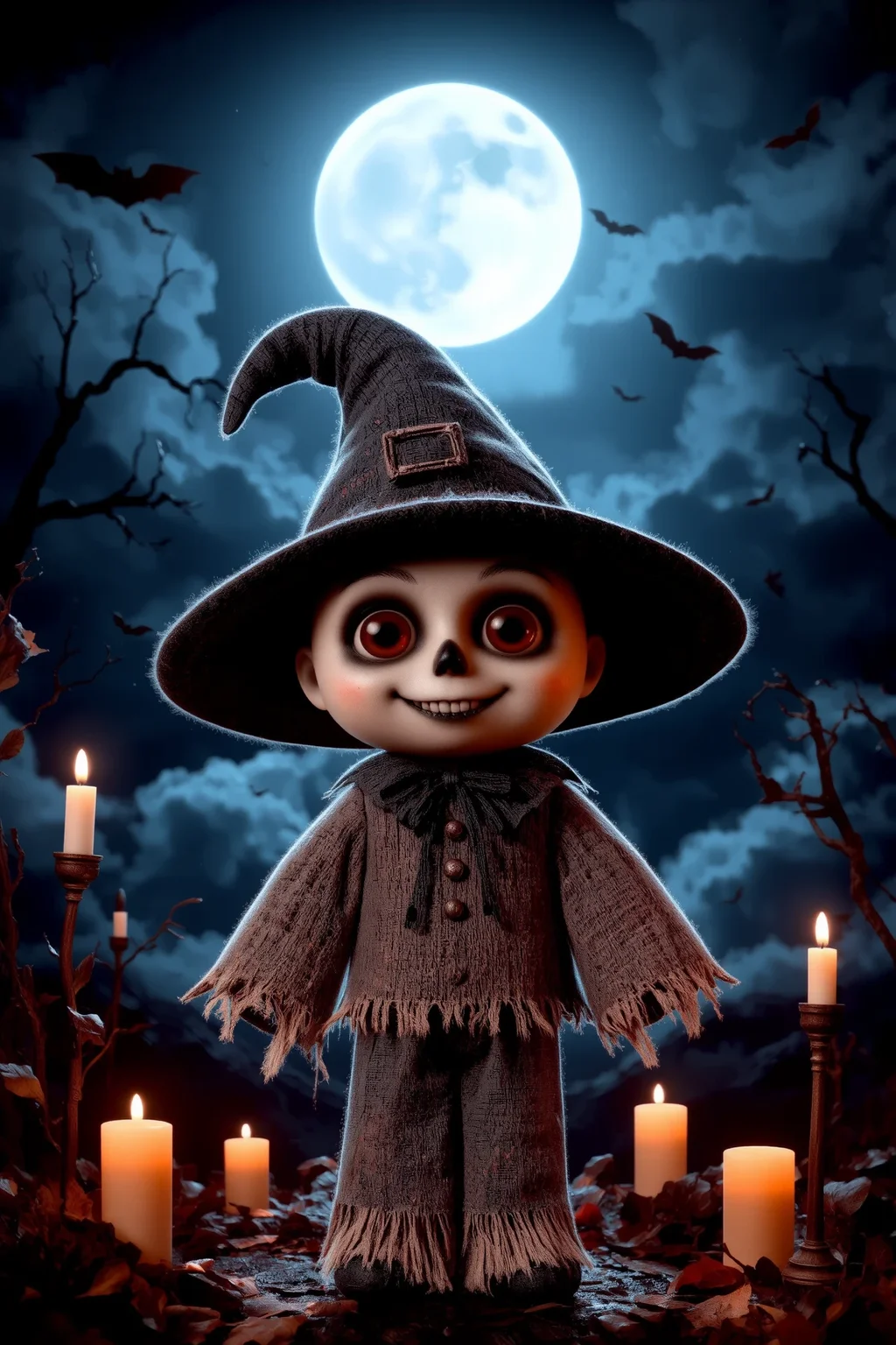 cute, halloween night, horror, (bats), moon in the sky, portrait, (standing:1.2), happy smiling, red eyes,(very detailed), best quality, sharp focus, Eye Brown stitched-up scarecrow attire, floating candles, vintage horror, eerie stillness before rain, soft fog-filtered light, ethereal lights, backlight, shadows, high contrast, hdr, <lora:Anti-Blur:0.8> <lora:Hand v2:0.8> Detailed hand, Hand, Perfect hand <lora:aidmaImageUpgrader:0.8> aidmaimageupgrader <lora:PinkieChibiHalloweenFLUX:0.8> pinkchibihalloween