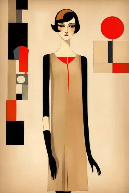 <lora:Gabriel Pacheco Style:1>Gabriel Pacheco Style - 1926 Bauhaus label, 1920s fashion design young woman, Cutout animation, illustration