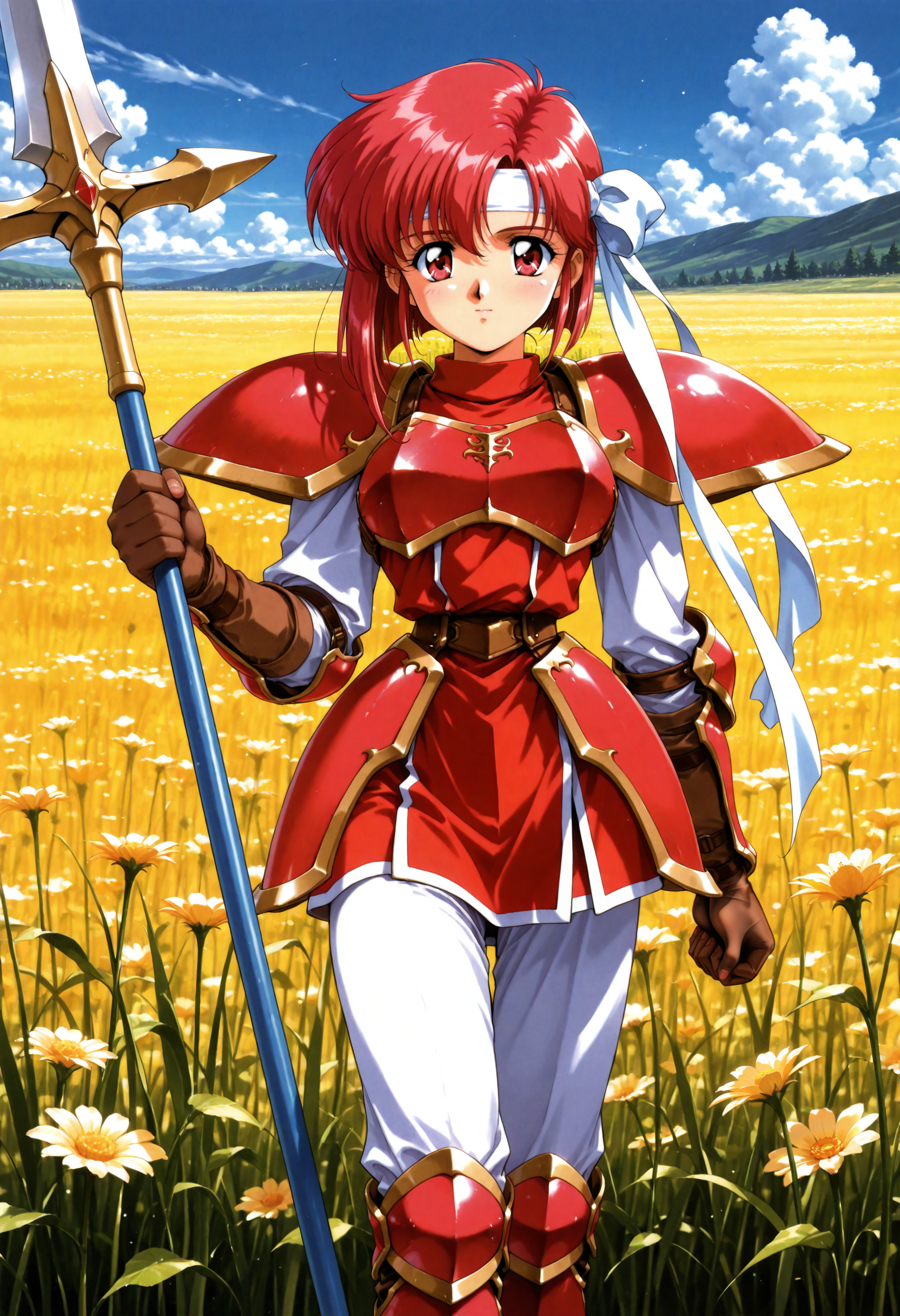 masterpiece,extreme detailed,day,outdoors,field BREAK cecil_(fe),1girl,solo,armor,gloves,short hair,headband,red hair,shoulder armor,short dress,dress,red eyes,pauldrons,red armor,armored boots,pants,<lora:cecil_(fe)-IL:1>,holding polearm,1990s \(style\),