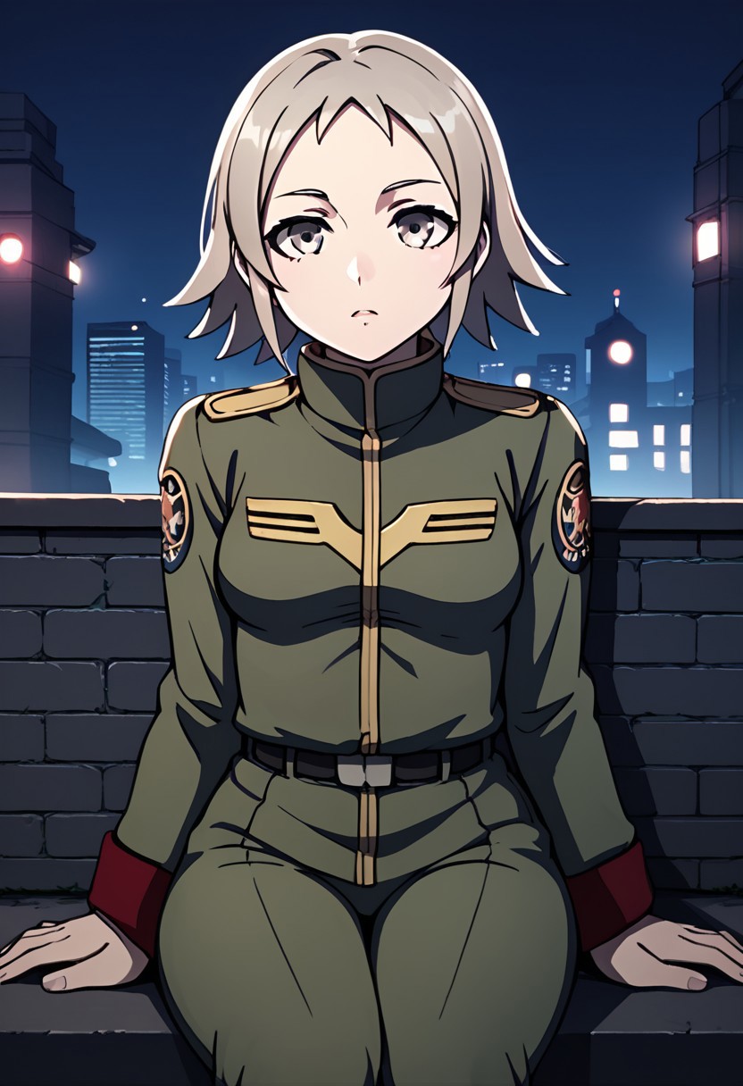 score_9, score_8_up, score_7_up,city view, 1 female,night view, moonlight,anne, female, grey hair, grey eyes, military uniform,pants,sitting,front view
