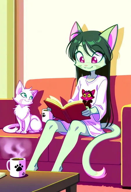 score_9, score_8_up, score_7_up,lilith_calah,
1girl,solo,furry,tail,dark green hair, source_furry,
 ,<lora:lilith_calah_illustrious:0.8>,
child, kid,
 solo, living room, long  hair, , oversized  shirt, large t-shirt,  sitting, reading book, holding steaming coffee mug, relaxed smile, cute, cat, cozy,
t4kar4i_illu, no_outlines, no lineart,
masterpiece, best quality, absurdres, [dynamic pose]