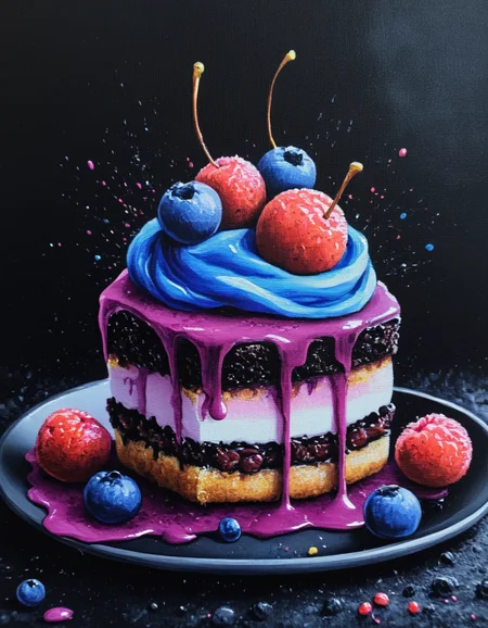 novuschroma49 style dessert as a painting on black canvas <lora:novuschroma49 style_2:1>