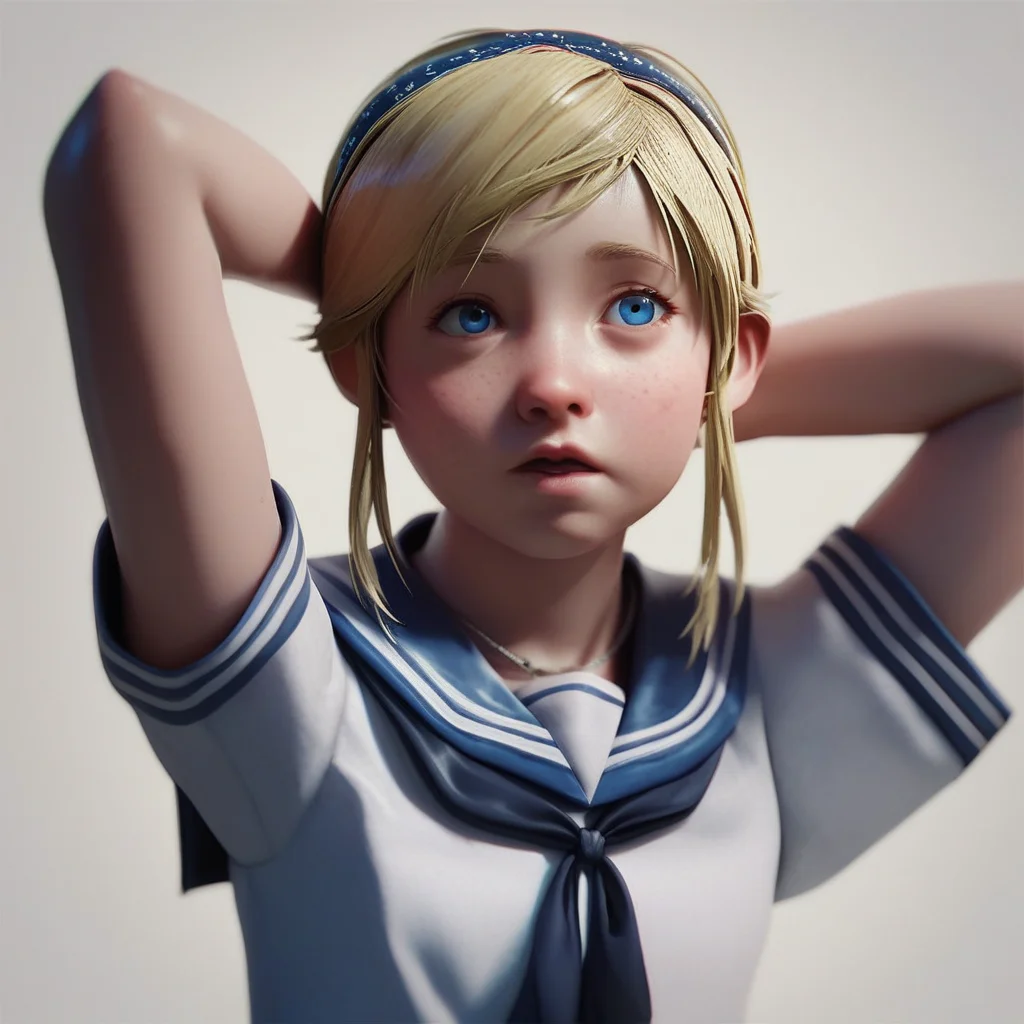score_9, score_8_up, score_7_up, score_6_up, Sherry-Birkin, 1girl solo, short hair, blue eyes, school background, blonde hair, upper body, school uniform, shorts, hairband, serafuku, sailor collar, necklace, lips, blue sailor collar, arms behind head, red hairband,
