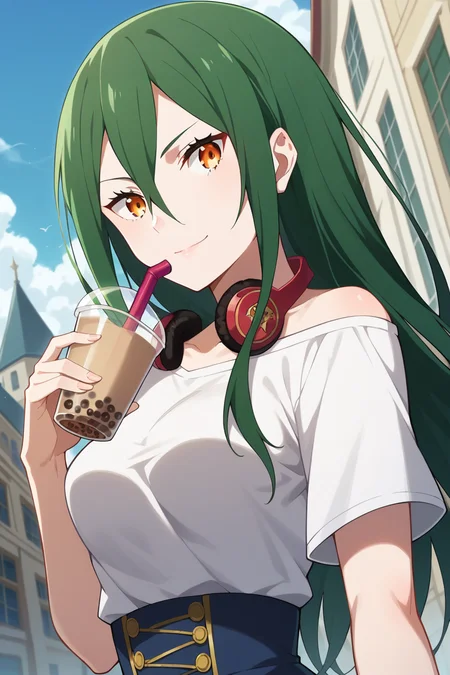 score_9, score_8_up, score_7_up, source_anime, 1girl, prefect lighting, very aesthetic, intricate details, highly detailed background, masterpiece, high quality, prefect hands, best quality, solo,
<lora:Crusch_Karsten_ReZero_V1:.85>, KJOcrusch, green hair, amber eyes, hair between eyes, long hair,
high waist jean, t-shirt, off shoulder, headphones around neck,
smile, standing, holding bubble tea, head tilt, dutch angle,
outdoors, medieval city, smoke, gray sky,
(Beautiful, medium Breasts:1.2), natural breasts,