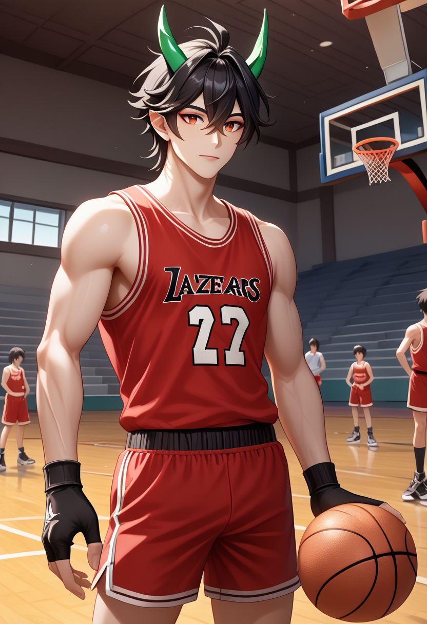EnD_Niji_Sports, source_anime,  dan_heng_\(honkai:_star_rail\), dan_heng_\(imbibitor_lunae\)_\(honkai:_star_rail\), 1boy, black hair, pointy ears, dragon horns, dragon boy, long hair,  red eyeliner, fingerless gloves, hair between eyes, red tank top, red shorts, green horns, ball, basketball, indoors,  stadium,  cowboy shot,  BREAK PonyXLV6_Scores