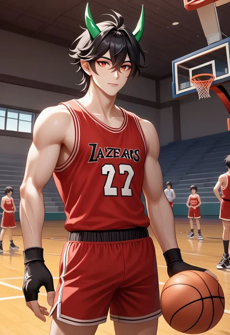 EnD_Niji_Sports, source_anime,  dan_heng_\(honkai:_star_rail\), dan_heng_\(imbibitor_lunae\)_\(honkai:_star_rail\), 1boy, black hair, pointy ears, dragon horns, dragon boy, long hair,  red eyeliner, fingerless gloves, hair between eyes, red tank top, red shorts, green horns, ball, basketball, indoors,  stadium,  cowboy shot,  BREAK PonyXLV6_Scores