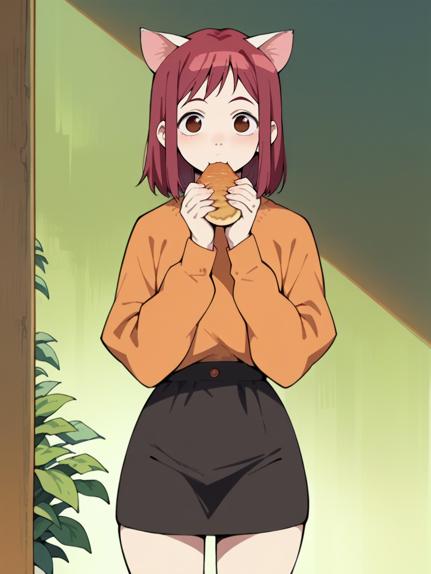 score_9, score_8_up, score_7_up, score_6_up, score_5_up,  <lora:FLCLXLP:1> flcl, brown eyes, red hair, 1girl,  cat ears, eating, skirt, curvy