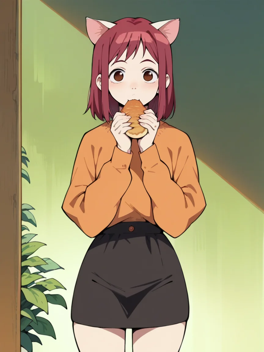 score_9, score_8_up, score_7_up, score_6_up, score_5_up, <lora:FLCLXLP:1> flcl, brown eyes, red hair, 1girl, cat ears, eating, skirt, curvy