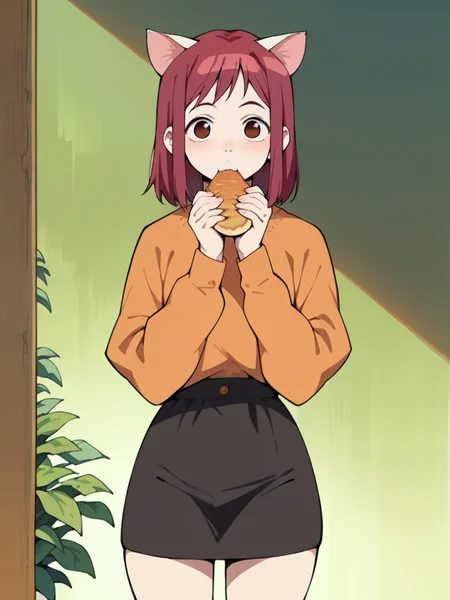 score_9, score_8_up, score_7_up, score_6_up, score_5_up, <lora:FLCLXLP:1> flcl, brown eyes, red hair, 1girl, cat ears, eating, skirt, curvy