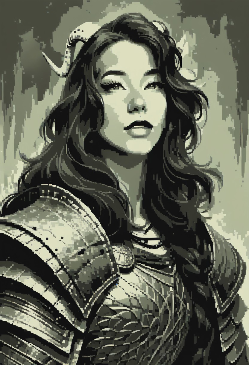 score_9,score_8_up,score_7_up
solo, 1girl, 
parted lips, thick lips, 
horns, long hair, armor, pauldron, 
Green theme, monochrome