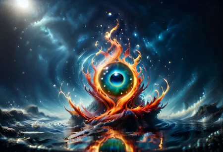 Harmonious fusion of elements, earth air fire earth and ether combined in a pentagonal shape in seamless integration, earth grounding and stable, water flowing and fluid, air swirling and free, fire vibrant and warm, united in perfect balance, elements intertwining gracefully, serene and dynamic, vibrant flames, coexistence of contrasts, nature's optimal quality, synergy of forces, essence of unity, balanced natural forces, peaceful coexistence, elemental harmony, timeless and eternal, highly detailed, masterpiece, 32k, UHD quality, pentangle, all of this inside the big cyclopic eye