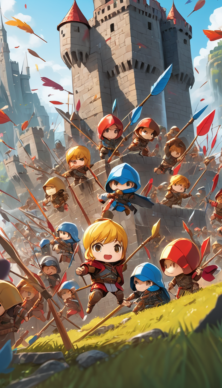 breathtaking Cinematic scene, hero view, an army attacking and sieging a fortress, fierce battle, catapults, raining arrows, castle, vivid, colorful, action pose, detailed background, masterpiece, best quality, high quality, highres, absurdres, chibi <lora:nendoroid_xl_v4:1> . award-winning, professional, highly detailed
