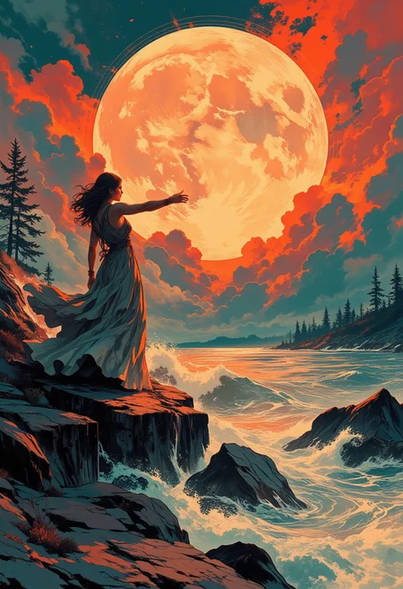 Intricate linework with expressive contrasts, low-key lighting with cool shadows and warm dynamic highlights. A breathtaking, cinematic photograph of a solitary woman standing on jagged rocks at the water's edge, silhouetted against a vibrant sky ablaze with fiery reds and oranges, streaked with soft, swirling clouds and a massive glowing crescent moon. Her flowing dress moves gently in the wind, her arms outstretched in an evocative gesture of longing and connection. The dramatic lighting intensifies the contrast between the blazing warmth of the sky and the deep, shadowy blues of the rocks and water, adding depth and heightened emotion to the scene. Bold rim lighting bathes her silhouette in a fiery glow, emphasizing her presence and creating striking separation from the vivid background. The water reflects the intense hues of the sky, shimmering with molten tones that draw the viewer’s eye toward the horizon. In the background, faint outlines of distant rocks and trees add texture and mystery, completing this surreal yet emotionally charged visual narrative. Conceptual, cinematic, vibrant. In the style of ff-td, DB4RZ, DB4RZ style painting