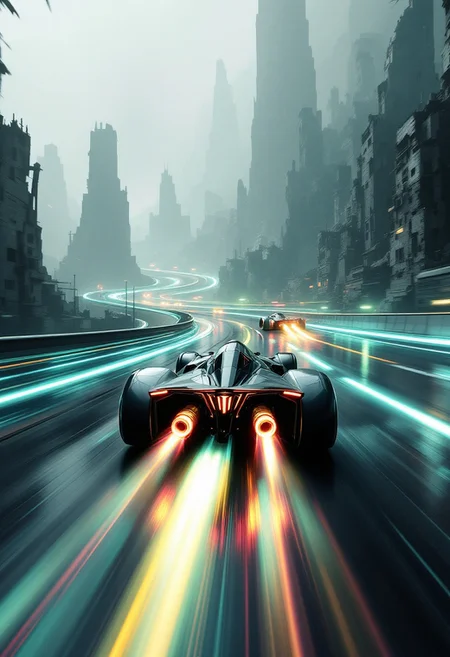A futuristic F-Zero-style race car rockets down an impossibly twisted, gravity-defying racetrack in a dystopian, foggy District 9-inspired world. The view is from behind the sleek, geometrical vehicle as it speeds along a sci-fi racecourse, surrounded by crumbling Scibu architecture that rises like jagged towers through the haze. The track itself defies reality—parts are made of light, glowing with neon colors that cut through the greyish, dystopian atmosphere. Vibrant motion blurs as the car takes a sharp turn on the twisted track, where gravity seems irrelevant. Elements of the road hang in midair, spiraling into chaotic loops. Low-tone, moody colors dominate the scene, creating a surreal, dynamic action shot that feels both exhilarating and unsettling in its stark contrast of vibrant lights against the decayed, dystopian backdrop.