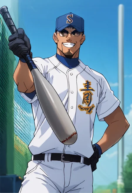 score_9, score_8_up, score_7_up, score_6_up, source_anime, BREAK, 1man, solo, (( <lora:kataoka_tesshin:1> , kataoka_tesshin, piercing dark brown eyes, clear eyes, strict eyes, strong muscular toned body, manly, strong male, alfa male, light tanned skin, short brown hair, hair gelled back, short brown circle beard, chad male, charismatic male, )) , ((very cool brown-lens sunglasses, seidou-baseball uniform, seidou-baseball jersey, white baseball shirt with yellow edged blue "青道" logo, blue innerwear shirt, white baseball pants with black belt, blue baseball cap with yellow edged red "S" logo, )) , blue aura, blue theme, black gloves, masterpiece, best quality, male focus, cowboy shot, holding baseball bat, looking away, expressive face, evil smile, grin, manly, 1male, blurry outdoors, from below, dutch angle, intricately detailed illustration, atmospheric perspective, depth of field
