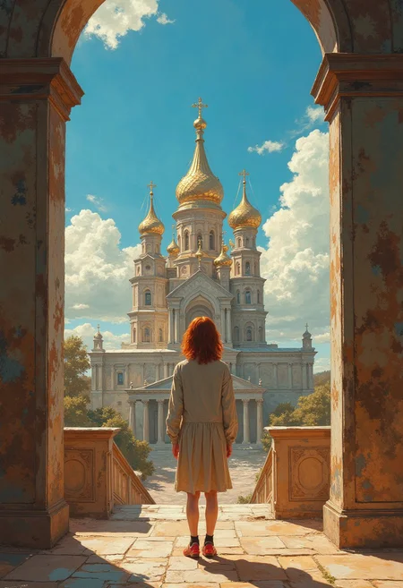 DB4RZ style painting, An image of a cute girl in liminal soviet room, girl ,analog photo, full body, in camera frame, mia cole, pale skin, tall height, against the background of the Russian Orthodox Church, blue sky, sunny day, epic clouds, (oil on canvas:0.1), nicola samori, art by Jeremy Mann, god rays, dramatic light, long bob-cut hair, shiny oiled skin, pale skin, jennifer connely, red hair slightly curly hair, (art by Eduard Wilhelm Pose and Master of the Holy Blood and Ivan Bilibin:1.2), (oxygen-rich air and sheltered atmosphere, snowy, aesthetic of hard - edge painting:0.1), symmetry and balance, pioneering unparalleled masterwork with superior details, <lora:MJ52:0.65> <lora:xl_more_art-full_v1:0.3> <lora:RMSDXL_Creative:1>