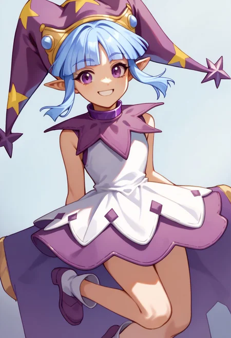 score_9, score_8_up, score_7_up BREAK CleoPB4, 1girl, light blue bob cut, blunt bangs, purple eyes, purple yellow jester hat, purple collar, sleeveless white dress, purple hemline, white purple boots, smiling at viewer,
