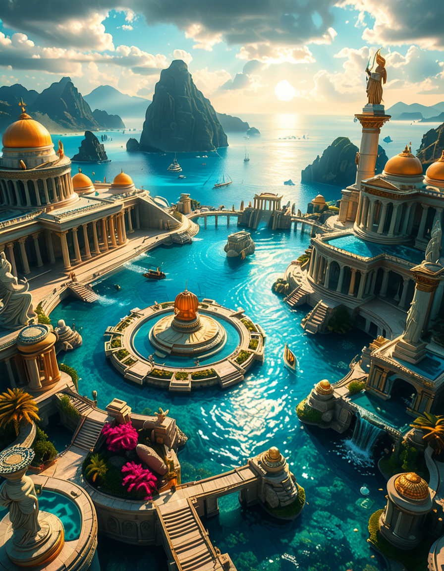 A breathtaking view of the lost city of Atlantis, submerged beneath crystal-clear ocean waters. The city showcases a magnificent blend of ancient Greek and futuristic architecture, with towering marble temples, golden domes, and intricate carvings glowing under the soft bioluminescent light of coral reefs. Majestic pillars and archways, partially covered in coral and algae, rise from the ocean floor, creating an atmosphere of mystery and forgotten grandeur. The sunlight filters through the water, casting shimmering patterns on the grand stone pathways and illuminating massive statues of gods and mythical beings, eroded by time. The scene is peaceful and awe-inspiring, with an ethereal blue glow enhancing the dreamlike, almost magical quality of this underwater utopia. No marine creatures or human presence disrupt the timeless serenity of this lost civilization.
 <lora:atl4nt1s:1>,atl4nt1s,<lora:SDXLFaeTastic2400:0.4> <lora:extremely_detailed:0.4> extremely detailed, Masterpiece,best quality,hi res,8k,hi res,8k,award winning,(sharp focus, intricate, highly detailed),