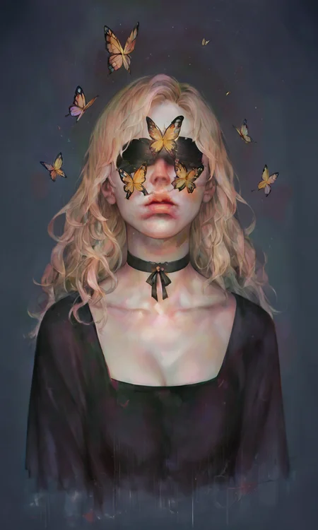 score_9, score_8_up, score_7_up, score_6_up, score_5_up, score_4_up, xhxix style, 1girl, long hair, bug, butterfly, choker, wavy hair, butterfly on face, facing viewer, covered eyes, upper body, dark theme, blonde hair