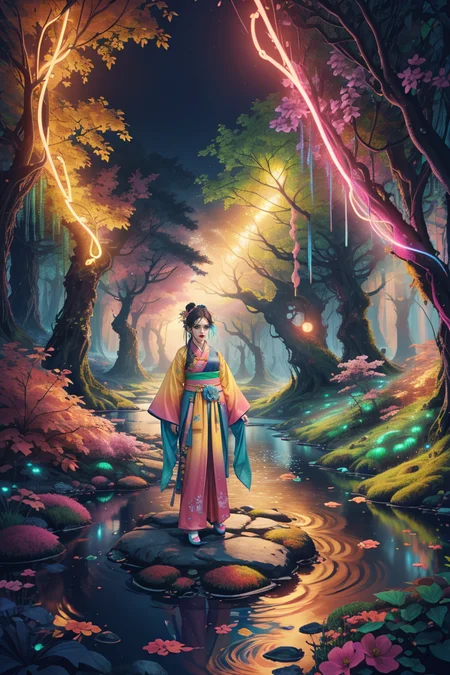(centered) full body shot, (solo:1.1) woman in fantasy (forest:1.1) wearing (colorful HANFU COSTUME:1.1) (with pants) standing on a moss covered rock in stream <lora:SD15_Nature_and_Technology:0.36> <lora:Fluorescent_Lava_Cave:0.25>, subsurface scattering, ultra hd, 4k, high def, Photorealistic, Hyperrealistic, Hyper detailed, analog style, realistic, masterpiece, best quality, ultra realistic, 8k, Intricate, High Detail, film photography, soft lighting, heavy shadow, Color gradient of neon pink, neon blue, neon yellow, neon green