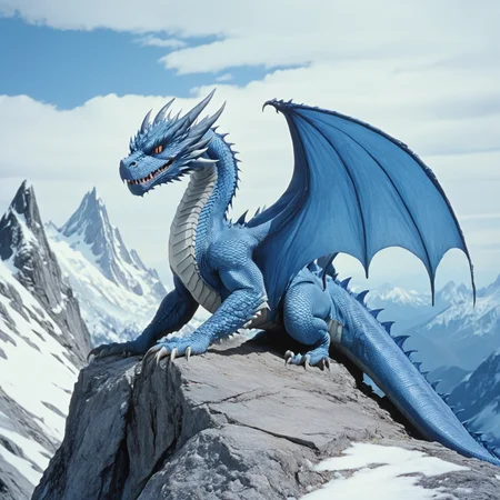 <lora:80sFantasyMovieV3SDXL:1> ArsMovieStill, 80s Fantasy Movie Still, The image shows a blue dragon perched atop a mountain with a backdrop of snow-capped peaks and a cloudy sky., no humans, dragon, mountain, cloud, wings, sky, solo, outdoors, rock, tail