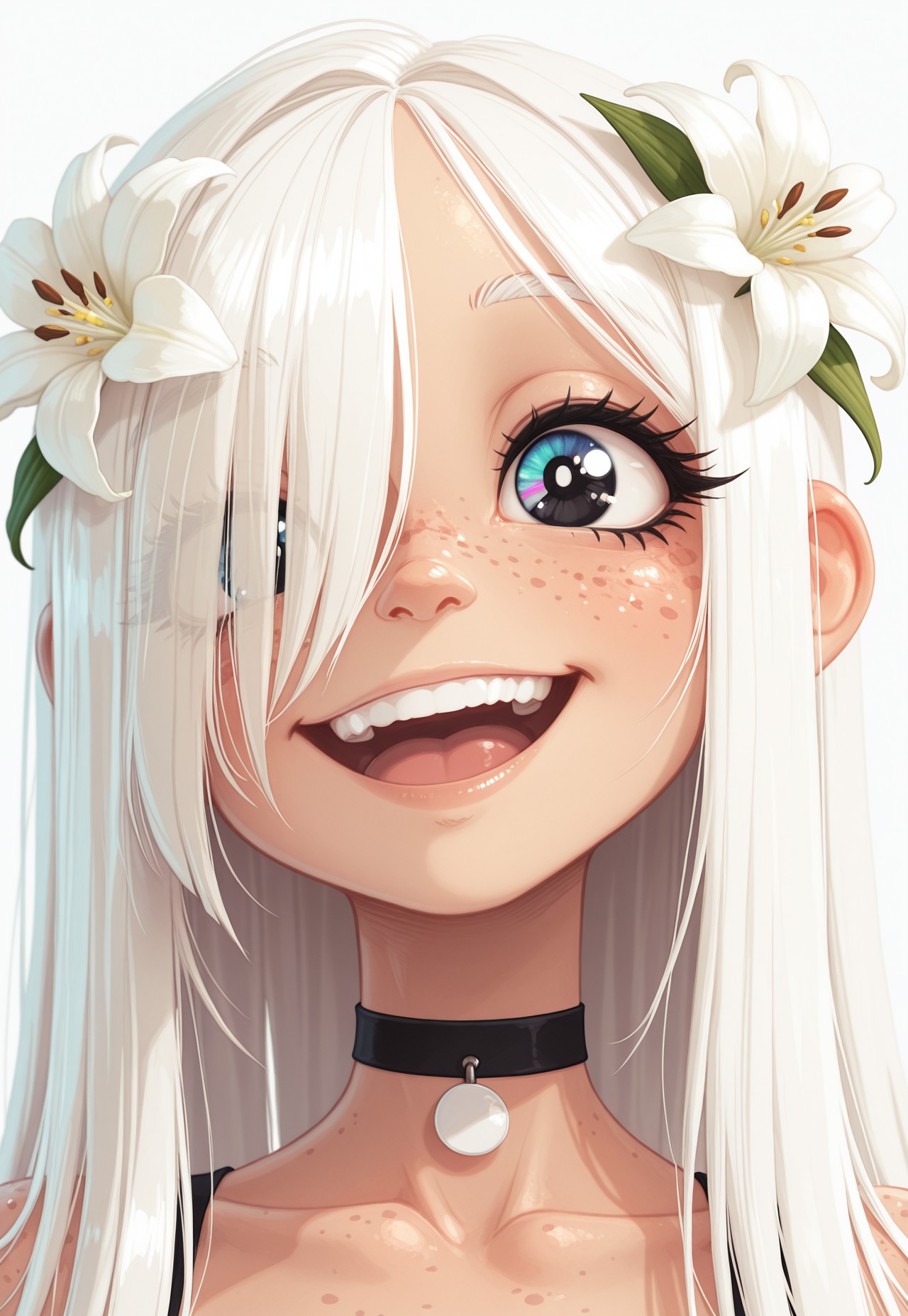 1girl, solo , long curtained hair , straight hair , very long bangs , hair over eye ,(face focus), multicolor eye , black eye , white eye , cute smile , lily flower on hair , white hair , choker , freckles , cute , cheerful , happy , open mouth , upper teeth , masterpiece,best quality, amazing quality ,Rapscallionstyle ,by Krakenkatz