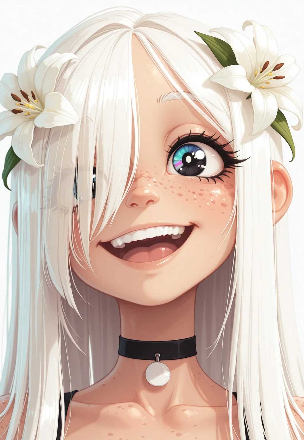 1girl, solo , long curtained hair , straight hair , very long bangs , hair over eye ,(face focus), multicolor eye , black eye , white eye , cute smile , lily flower on hair , white hair , choker , freckles , cute , cheerful , happy , open mouth , upper teeth , masterpiece,best quality, amazing quality ,Rapscallionstyle ,by Krakenkatz