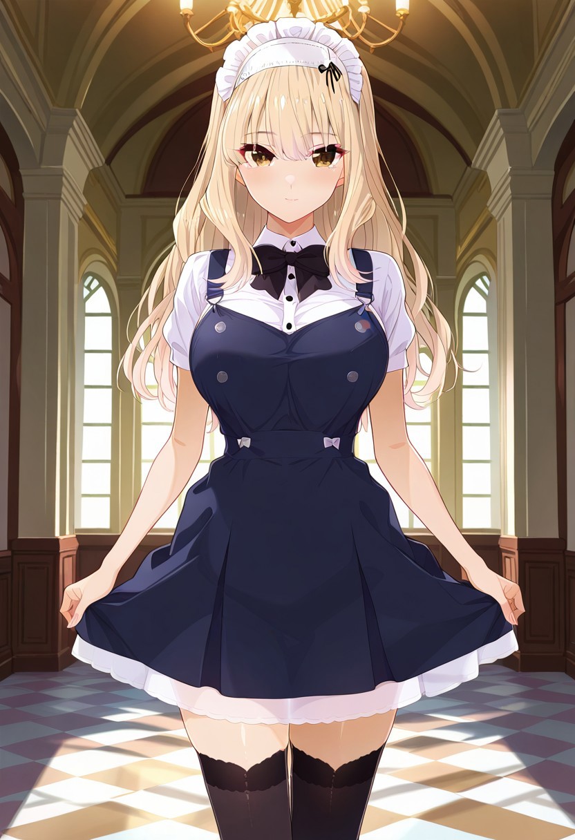 absurdres, best quality, masterpiece, amazing quality, highres, newest, detailed, source anime, anime coloring, beautiful, indoors, mansion,
BREAK
1girl, solo, standing, KijHyou, brown eyes, blonde hair, long hair, white hairband, wavy hair, light smile, light blush, looking at viewer,
Ikumaid, maid headdress, black thighhighs, black salopette, overall skirt, black bowtie, white inner shirt