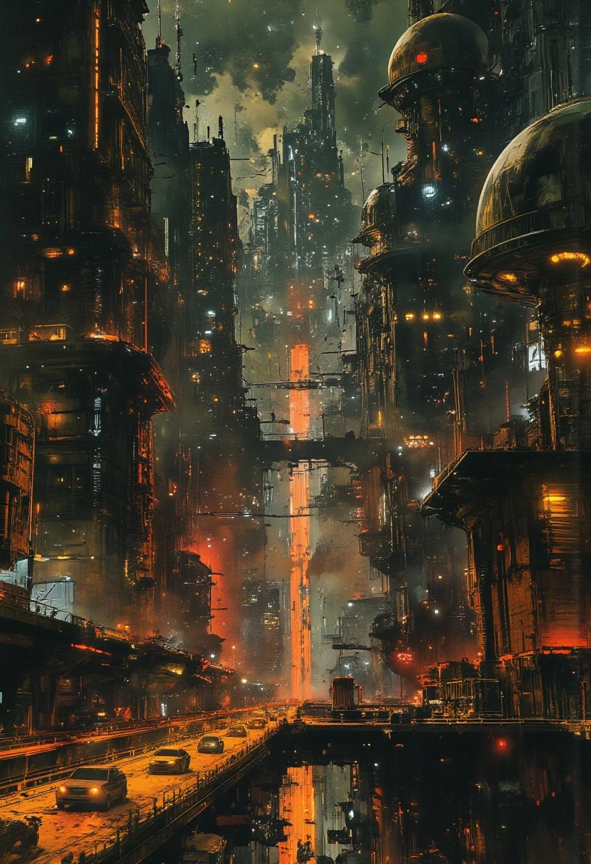 nttw style, mythp0rt, sci-fi futuristic superhighway running through an urban eastern sci-fi metropolis, towers, domes, skyscrapers, night-time, neon lights and signs, bokeh