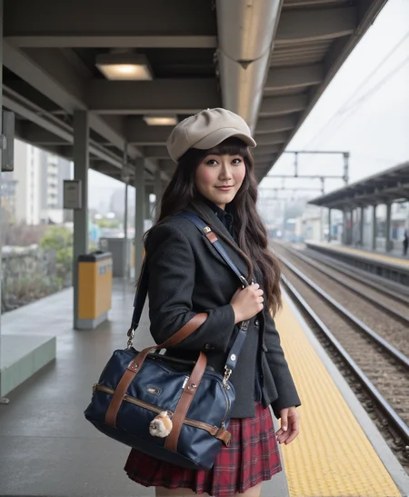 An analog photo of (sks woman:1), Japanese high school, The Wind at the Station
The train platform shudders as a local line screeches to a stop. She waits beside the yellow safety line, her long black hair tucked neatly under a cream beret, her dark navy duffel bag slung over one shoulder.
She wears her schoolâs winter uniform: a charcoal double-breasted blazer, burgundy tartan skirt, and fleece-lined tights under polished leather loafers. A fuzzy mascot keychain dangles from her bagâs zipper pull.
A boy approaches from the stairs. Heâs late. She glances up, lips parted, then away.
He doesnât know yet that sheâs going to tell him goodbye.