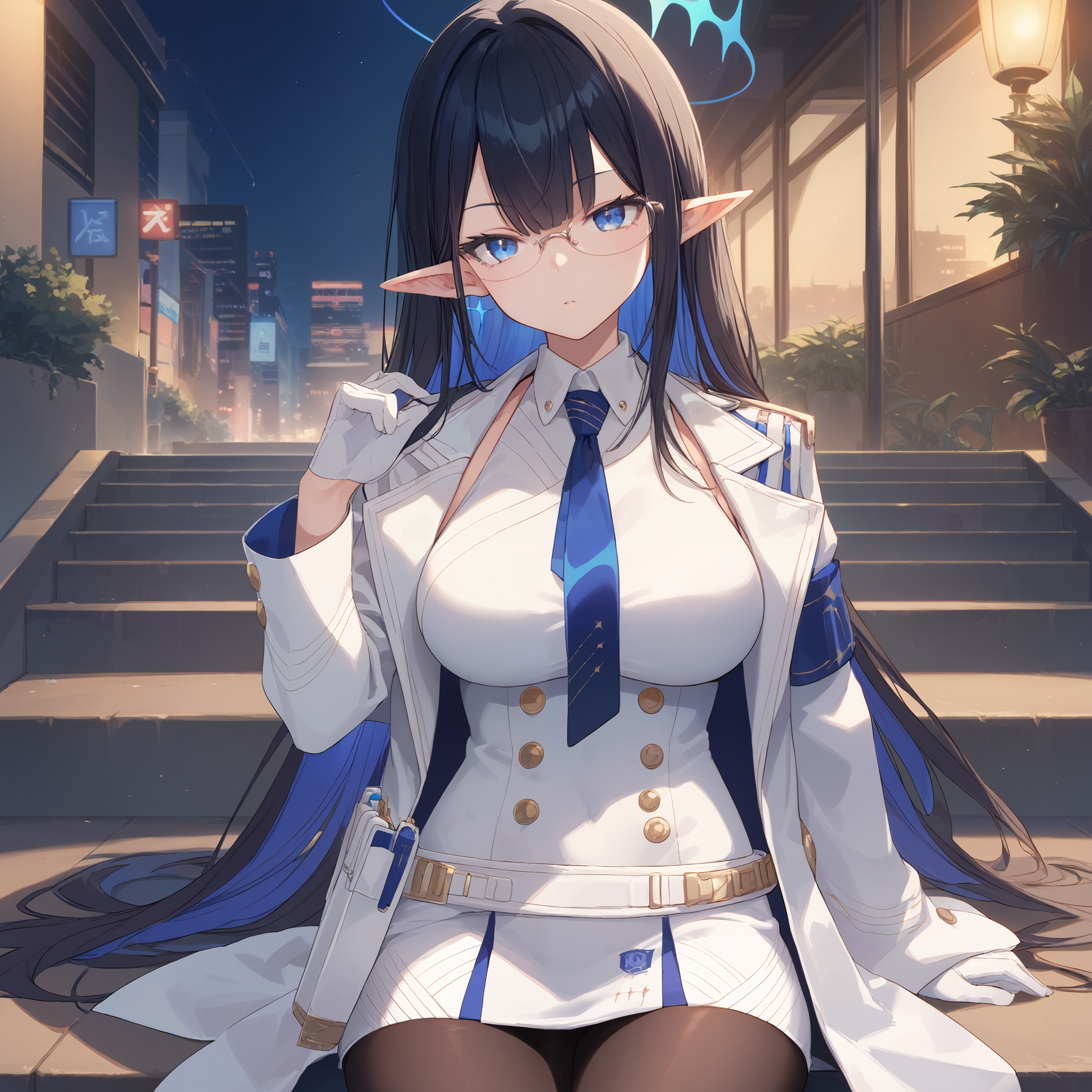 score_9, score_8_up, score_7_up, score_6_up, BREAK source_anime, look at viewer, night, city, 1girl, solo, sitting on stairs, cowboy shot, masterpiece, best quality, high detailed skin,   rin \(blue archive\), long hair, multicolored hair, black hair, halo, pointy ears, blue eyes, glasses, necktie, white coat, belt, white skirt, white gloves, pantyhose,