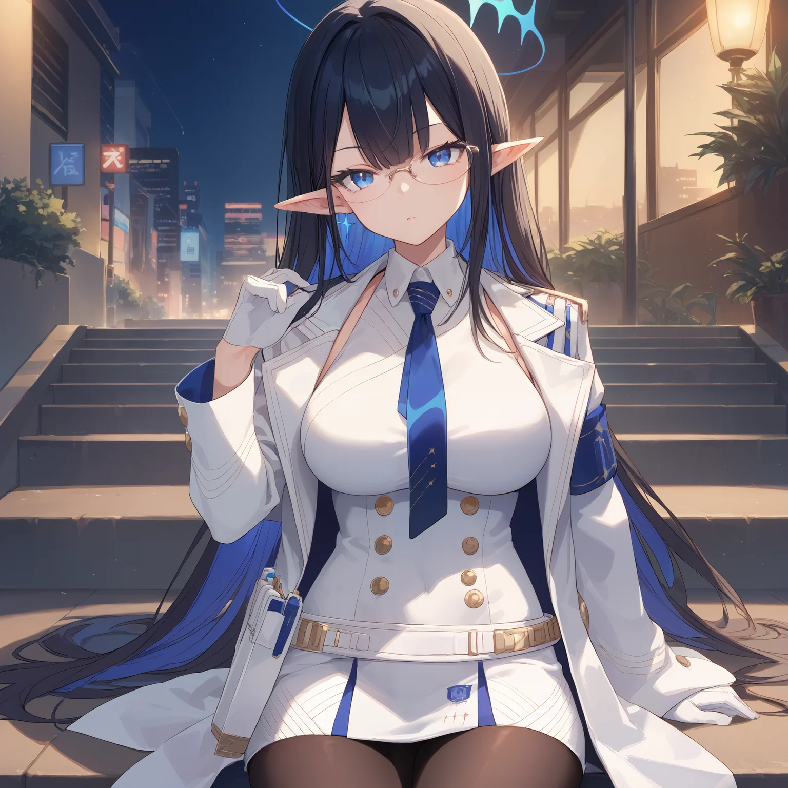score_9, score_8_up, score_7_up, score_6_up, BREAK source_anime, look at viewer, night, city, 1girl, solo, sitting on stairs, cowboy shot, masterpiece, best quality, high detailed skin, rin \(blue archive\), long hair, multicolored hair, black hair, halo, pointy ears, blue eyes, glasses, necktie, white coat, belt, white skirt, white gloves, pantyhose,