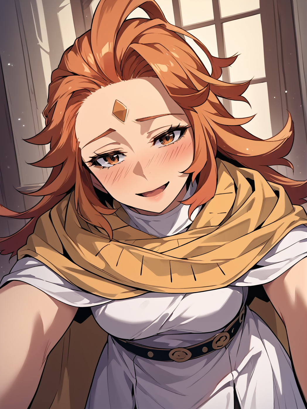 <lora:nix-000002:1>
reddish orange hair, long hair, loose hair, brown eyes, 1 girl, solo, white cape, white dress, white pants, yellow scarf, white tunic, black shirt <lora:!action-sdxl-V0.5:1>
score_9, score_8_up, score_7_up, score_6_up, source_anime, rating_explicit, 1girl, solo, smile, embarrassed, half-closed eyes, open mouth, mansion, indoors, looking at viewer, outstretched arms, pov, close-up, (head tilt:1.2)   <lora:light:1>