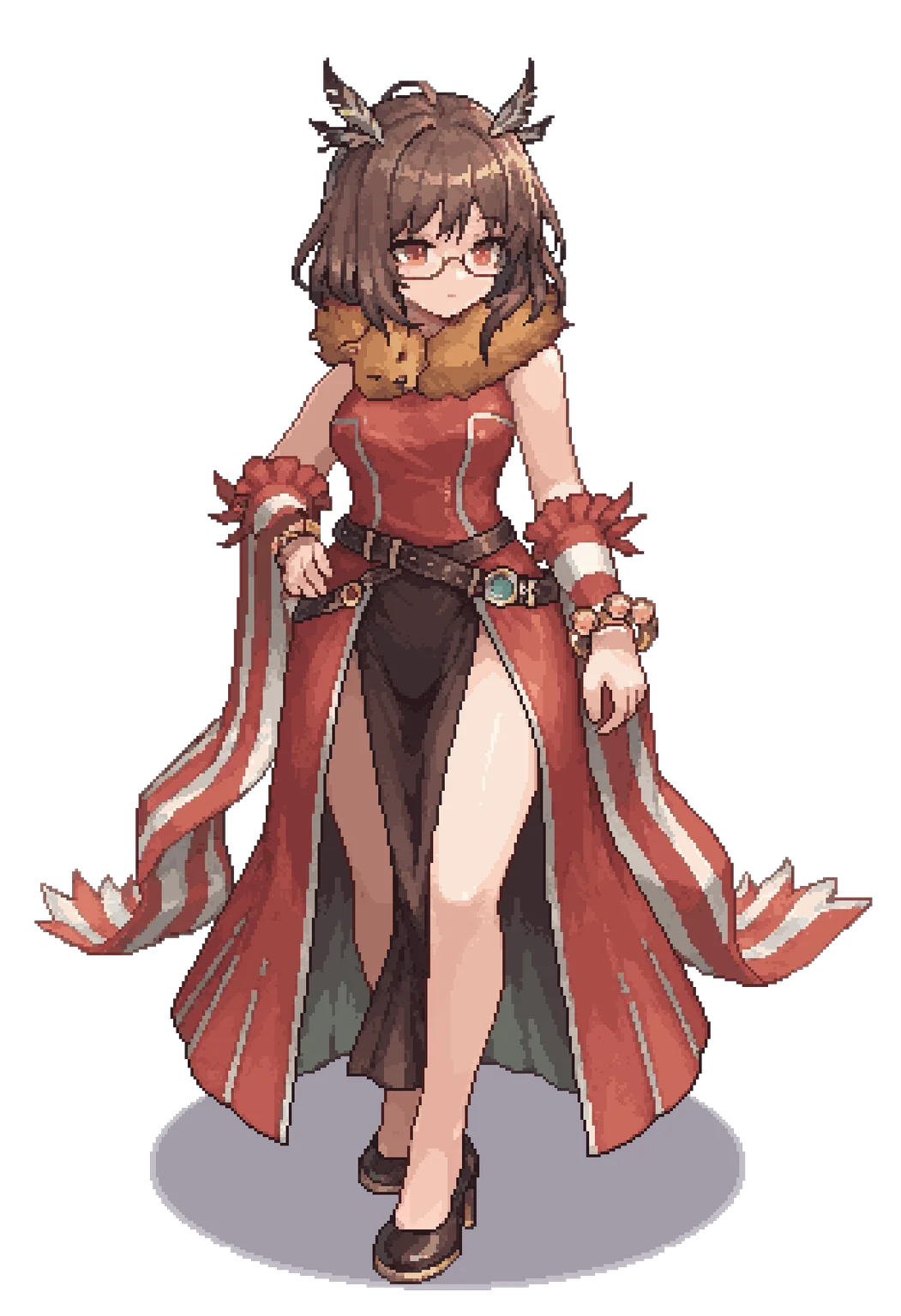 masterpiece, best quality, newest, pixel_art,
solo, 1girl, ROSPRITE,
profRO, fox around neck, animal around neck, bangle, striped sleeves, long dress, wide sleeves, red dress, black pelvic curtain, belt, bracelet, detached sleeves, arm warmers, high heels,
silence /(arknights/), glasses, semi-rimless eyewear, feather hair, brown hair,
<lora:Pixel_Leonmitchelli_v01_Illustrious:0.85>
<lora:Professor(female)_baipaiyok_v10_Illustrious:1>
<lora:ROSPRITE_Leem0nStudio_v20_Illustrious:1>