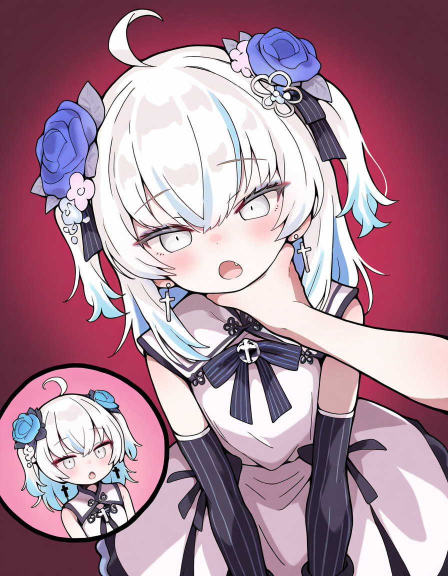 azuma seren,detached sleeves,pupils,<lora:seren-000011>,parameters1girl,mesugaki,
(tadanoshi kabane:1.1),
(white dress:1.1),white hair,bow,two side up,ahoge,(earrings:0.9),(cross:0.9),(jewelry:0.9),hair flower,makeup,blue hair rose,cut-in,rainbow order,carry me,fang,chin grab,(eyeshadow:0.8),grey eyes,(medium hair:0.9),white eyes,petite,very awa,simple background,virtual youtuber,cross earrings,blue bow,open mouth,rose,white eyeshadow,hair ornament,dress,flower,
(masterpiece:1.21),(best quality:1.21),(newest:1.21),(highres:1.21),(absurdres:1.21),, masterpiece, best quality, very aesthetic, absurdres,newest, incredibly absurdres,