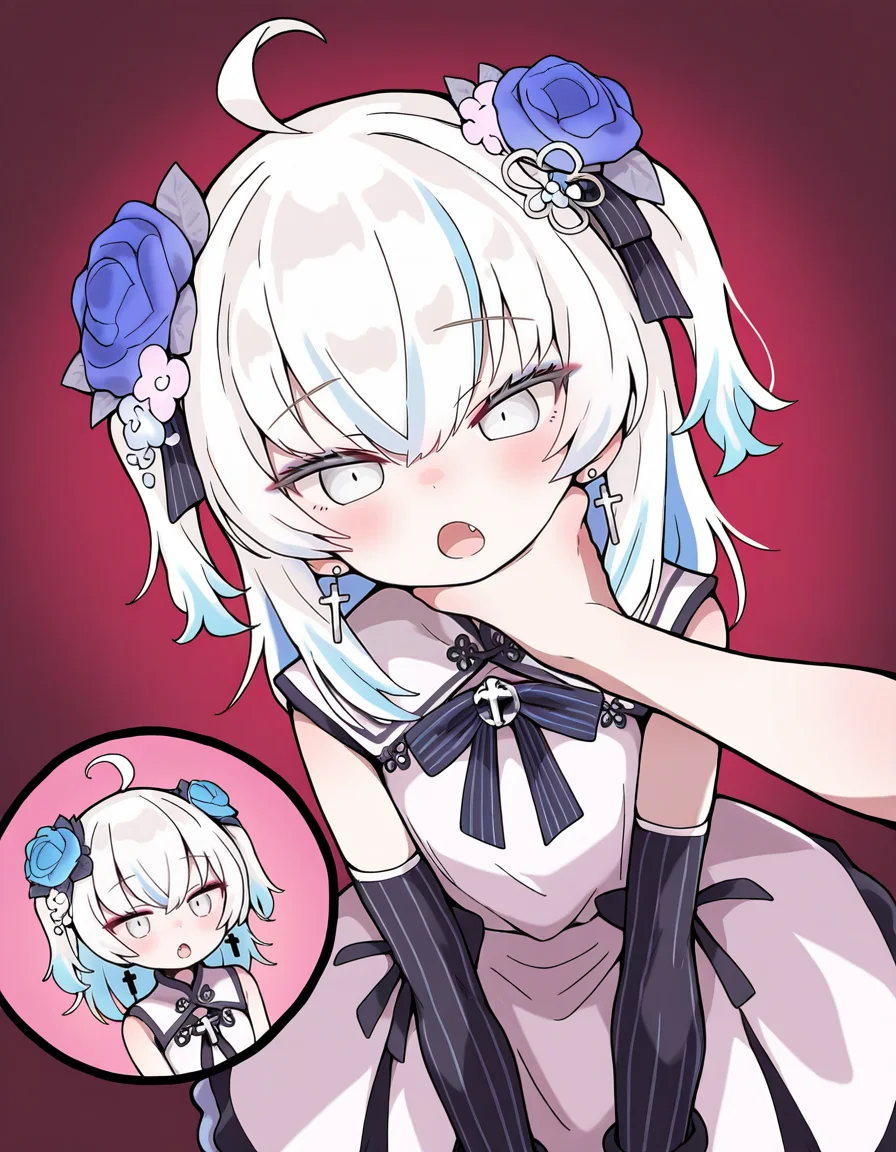azuma seren,detached sleeves,pupils,<lora:seren-000011>,parameters1girl,mesugaki,
(tadanoshi kabane:1.1),
(white dress:1.1),white hair,bow,two side up,ahoge,(earrings:0.9),(cross:0.9),(jewelry:0.9),hair flower,makeup,blue hair rose,cut-in,rainbow order,carry me,fang,chin grab,(eyeshadow:0.8),grey eyes,(medium hair:0.9),white eyes,petite,very awa,simple background,virtual youtuber,cross earrings,blue bow,open mouth,rose,white eyeshadow,hair ornament,dress,flower,
(masterpiece:1.21),(best quality:1.21),(newest:1.21),(highres:1.21),(absurdres:1.21),, masterpiece, best quality, very aesthetic, absurdres,newest, incredibly absurdres,