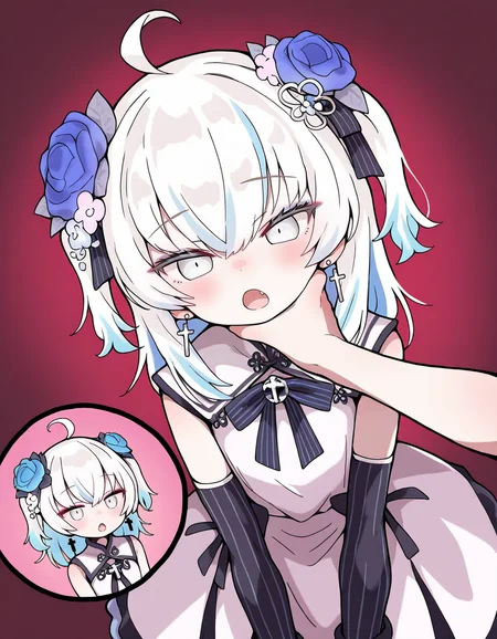 azuma seren,detached sleeves,pupils,<lora:seren-000011>,parameters1girl,mesugaki,
(tadanoshi kabane:1.1),
(white dress:1.1),white hair,bow,two side up,ahoge,(earrings:0.9),(cross:0.9),(jewelry:0.9),hair flower,makeup,blue hair rose,cut-in,rainbow order,carry me,fang,chin grab,(eyeshadow:0.8),grey eyes,(medium hair:0.9),white eyes,petite,very awa,simple background,virtual youtuber,cross earrings,blue bow,open mouth,rose,white eyeshadow,hair ornament,dress,flower,
(masterpiece:1.21),(best quality:1.21),(newest:1.21),(highres:1.21),(absurdres:1.21),, masterpiece, best quality, very aesthetic, absurdres,newest, incredibly absurdres,