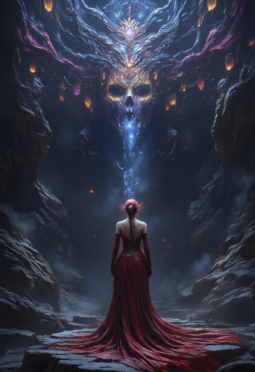 Contrast Colors, Hyperrealistic, Detailed, Best Quality, High Resolution, Intricate Details, Vivid Colors, 
Mysterious woman in dress. stands on a huge mountain on the cliff to a waterfall. beautiful works of art. Fantasy landscape, shiny bright color schemes. Magic, fantasy art, symmetrical face, beautiful lighting, magical mountains,
perfection style, vivid colors, colorful, dark background, aidmaMJ6.1, FntsyPstlCE style, NewFantasyCore, ahx, hkmagic