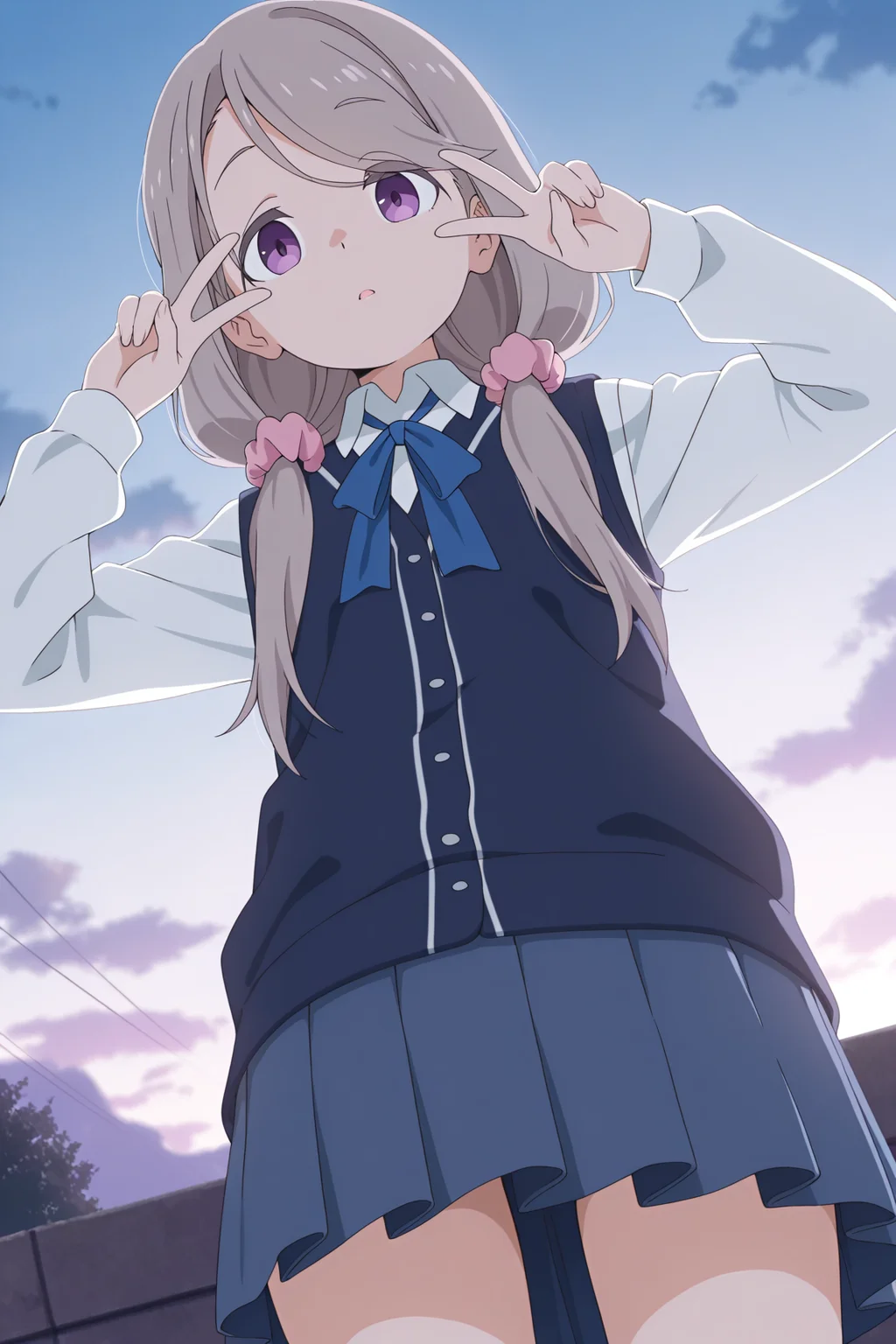 masterpiece, best quality, amazing quality,
monosakurako-default, purple eyes, grey hair, low twintails, pink scrunchie, school uniform, blue ribbon, white shirt, long sleeves, blue vest, pleated skirt, (black socks, loafers:0),
1girl, cowboy shot, from below, dutch angle, standing, outdoors, sky, looking at viewer, expressionless, parted lips, hands up, v, v over eye