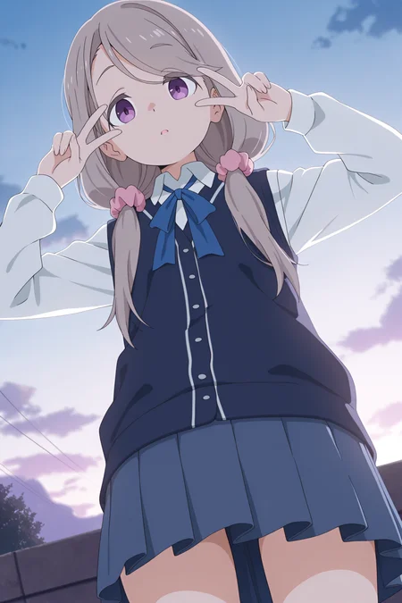 masterpiece, best quality, amazing quality, 

monosakurako-default, purple eyes, grey hair, low twintails, pink scrunchie, school uniform, blue ribbon, white shirt, long sleeves, blue vest, pleated skirt, (black socks, loafers:0), 

1girl, cowboy shot, from below, dutch angle, standing, outdoors, sky, looking at viewer, expressionless, parted lips, hands up, v, v over eye