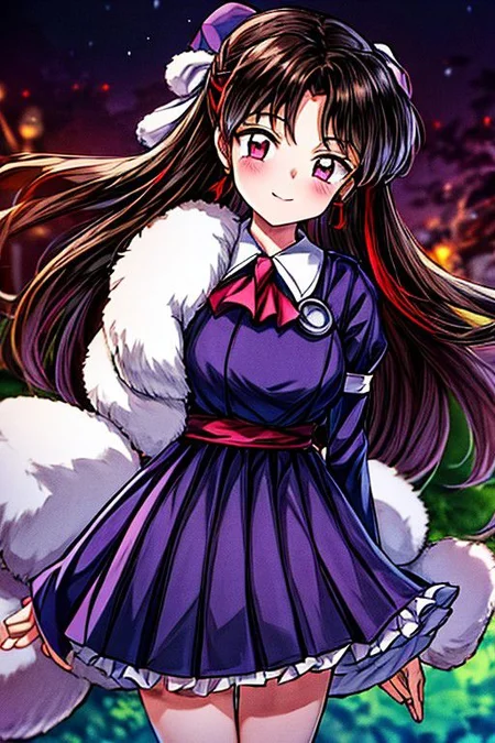 masterpiece, best quality 1girl Setsun4 solo long hair, (night time) forest background black hair very long hair purple eyes multicolored hair armor (fur trim) (medium body),<lora:EMS-179-EMS:0.800000>,<lora:EMS-293862-EMS:0.800000> bow, hair_bow, hair_tubes, red_bow, brown_hair, long_hair, bangs, sidelocks, ascot, brown_eyes, frilled_bow, yellow_ascot, blush, smile, hair_between_eyes, athletic
