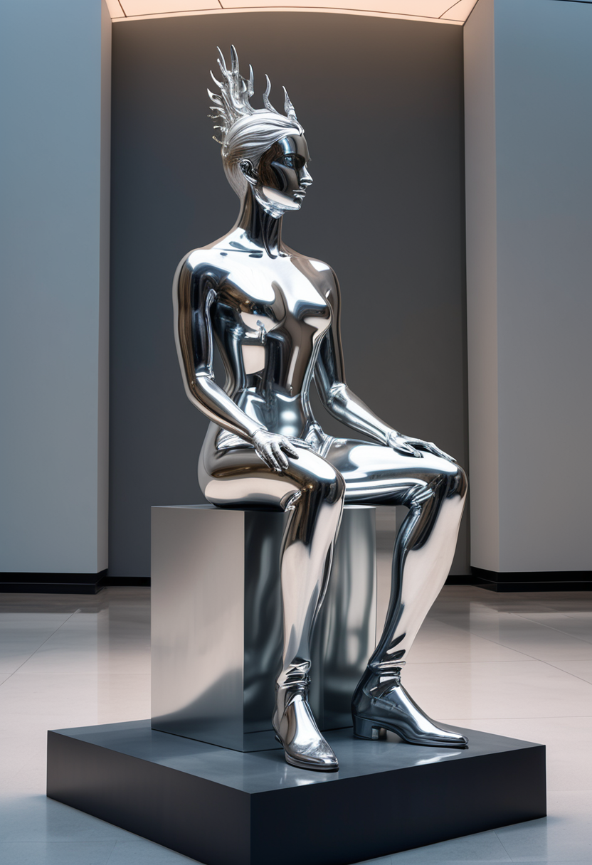(medium full shot) of (regal silver statue) ,  ,   located in  a modern museum, with sleek design, contemporary exhibits, vibrant installations, serene galleries, chic seating areas, at dawn, ,Masterpiece,best quality, raw photo, realistic, very aesthetic