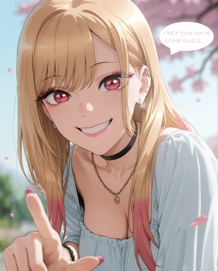 masterpiece,best quality,amazing quality,animated, masterpiece,best quality,absurdres, amazing quality
1girl,solo,pupils,looking at viewer,smile,close-up,portrait, pointing at viewer,leaning forward,
blurry background,outdoors,soft lighting,depth of field,morning,lens flare,cherry blossoms,falling petals, large breast, pink lips,
<lora:Marin_Kitagawa_My_Dress-Up_Darling_-_Illustrious:0.7> , Marin Kitagawa, 1girl, blonde hair, long hair, multicolored hair, red eyes, pink nails, nail polish, fingernails, jewelry, earrings, ear piercing, necklace, choker, barbell piercing, bracelet, cute, smile teeth,  makeup,  blouse,