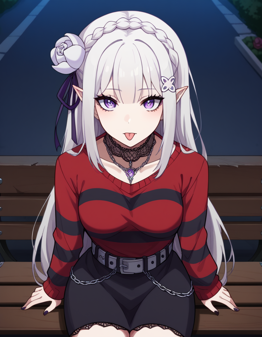 score_9, score_8_up, score_7_up, source_anime, <lora:rezero-emilia-s1s2-ponyxl-lora-nochekaiser:1>, emilia, braid, crown braid, flower, hair flower, hair ornament, hair ribbon, long hair, pointy ears, purple eyes, white hair, x hair ornament, medium breasts,, <lora:emo-fashion-ponyxl-lora-nochekaiser:1>, emo fashion, torn sweater, two-tone sweater, sweater under shirt, striped sweater, lace-trimmed choker, belt chain, red sweater, black sweater, goth fashion, street, night, moon, sitting, bench, from above, tongue out, cowboy shot, looking at viewer