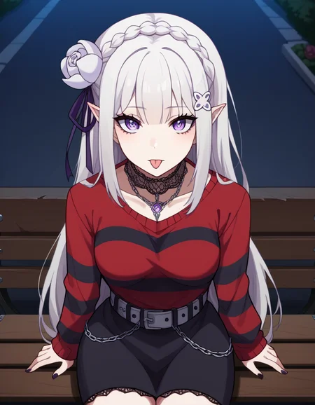 score_9, score_8_up, score_7_up, source_anime, <lora:rezero-emilia-s1s2-ponyxl-lora-nochekaiser:1>, emilia, braid, crown braid, flower, hair flower, hair ornament, hair ribbon, long hair, pointy ears, purple eyes, white hair, x hair ornament, medium breasts,, <lora:emo-fashion-ponyxl-lora-nochekaiser:1>, emo fashion, torn sweater, two-tone sweater, sweater under shirt, striped sweater, lace-trimmed choker, belt chain, red sweater, black sweater, goth fashion, street, night, moon, sitting, bench, from above, tongue out, cowboy shot, looking at viewer