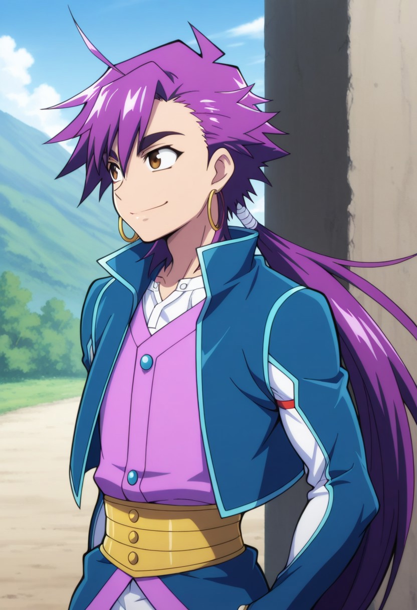 masterpiece,best quality,amazing quality, source_anime, 
Shindobaddo, 1boy, male focus, solo, brown eyes, purple hair, long hair, ponytail, hoop earrings, shirt, white shirt, jacket, blue jacket, open jacket, vest, purple vest, outdoor, smile,