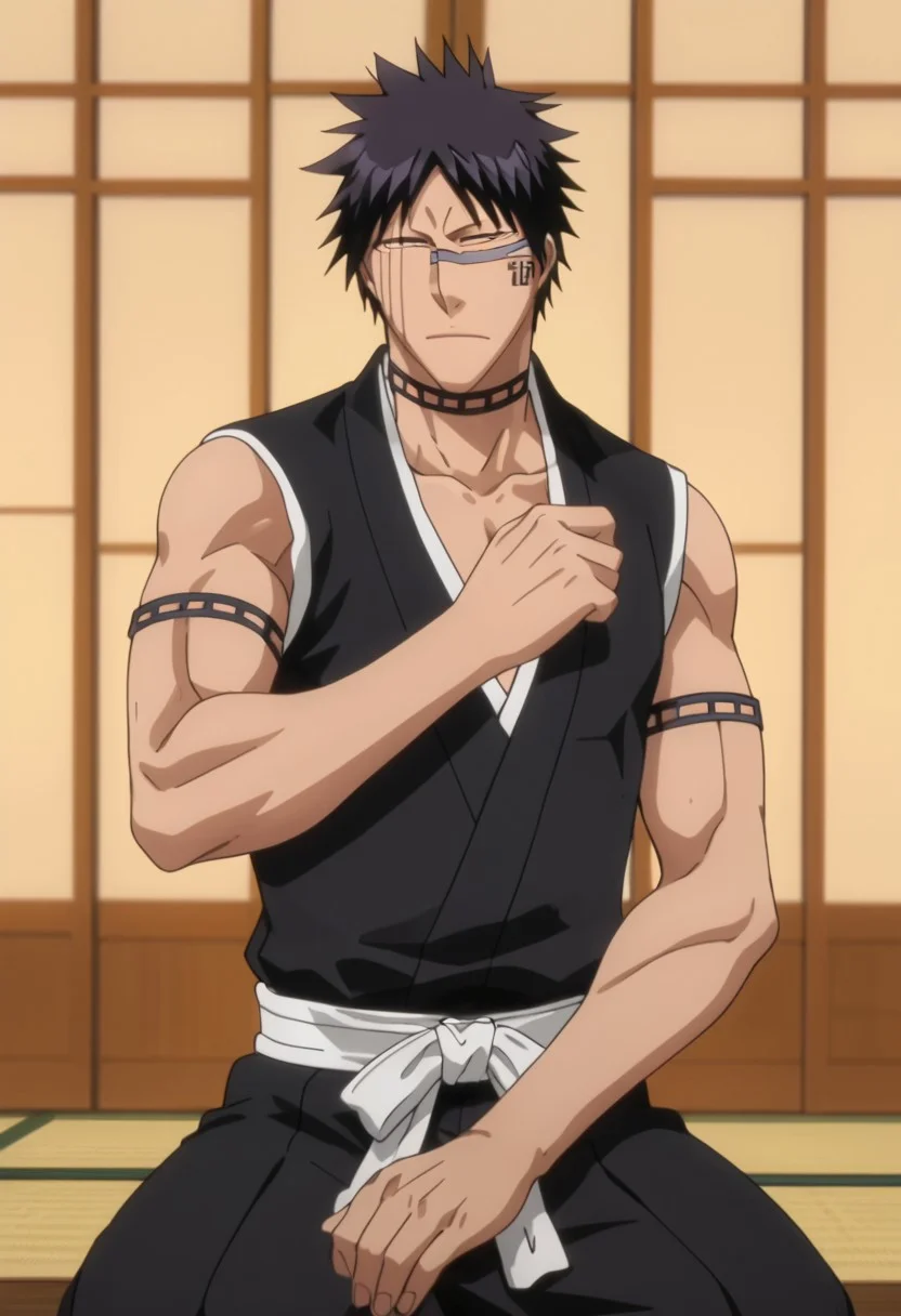 score_9, score_8_up, rating_nsfw, ultra hd, absurdres, best quality, ultra quality, masterpiece, masculine, solo, 1boy, male focus, best anatomy, best eyes, detailed eyes, best hands, hand with five fingers, mature male, anime screencap,
HisagiShuhei69, 1boy, black sleeveless Kimono, sitting cross-legged, Japanese sliding door, looking at viewer, detailed background